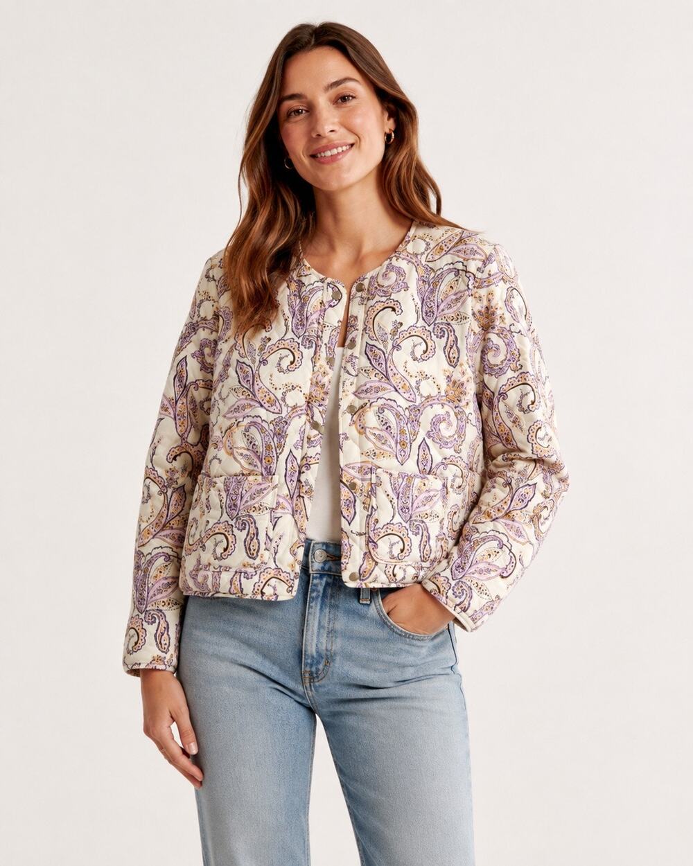 NWOT Rachel Zoe Quilted Paisley Patch Pocket Cottage Core Jacket Cream Purple XL